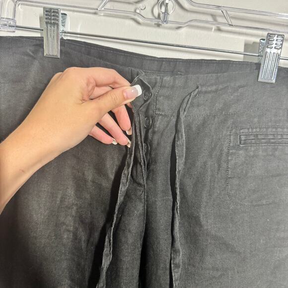 Express Pants Women 3/4 Black 100% Linen Wideleg Lagenlook Minimal Modest Coast - Picture 4 of 6